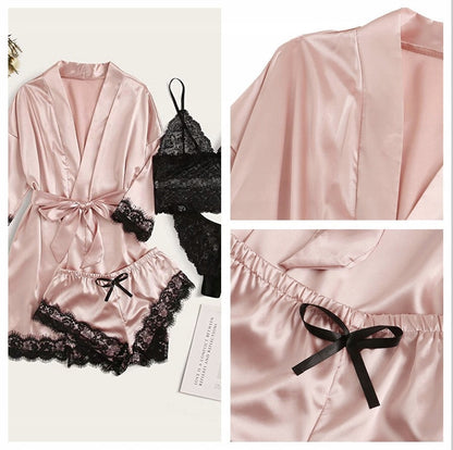 Women's Satin and Lace Pyjama Set with Robe — Pink and Black