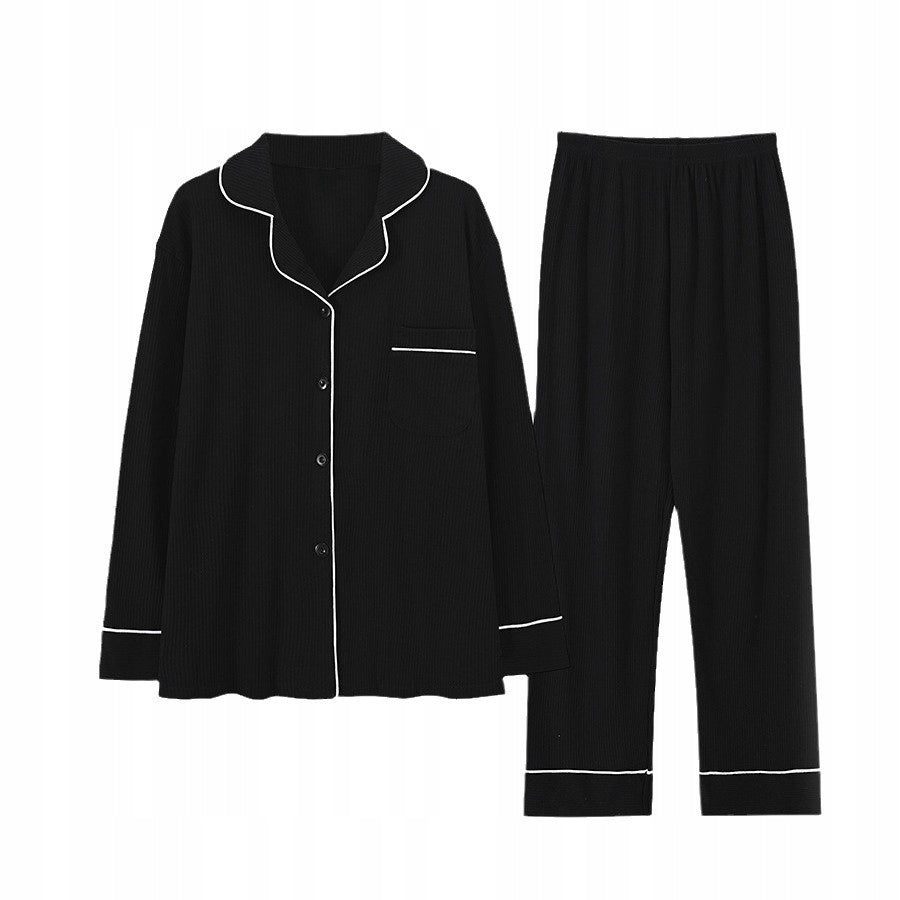 Women's Button-Front Pyjamas — Black with White Piping