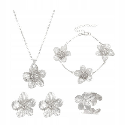 Parure : collier, boucles d’oreilles, bracelet et bague – argenté
