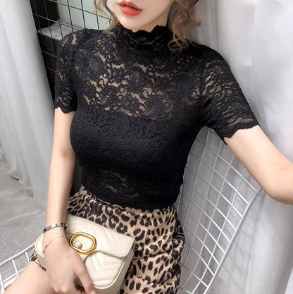 Damen-Spitzenbluse mit kurzen Ärmeln – schwarz