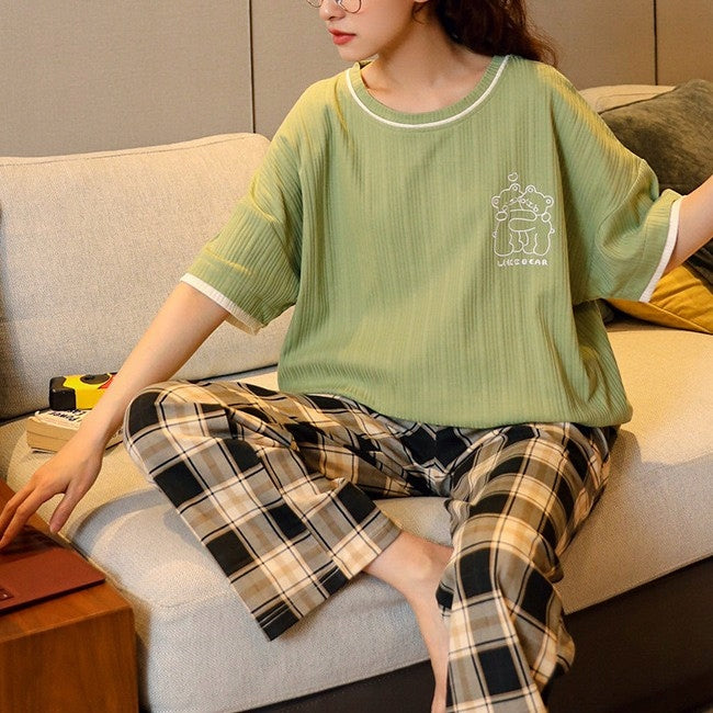 Women's Pyjamas — Olive with Beige Checked Trousers