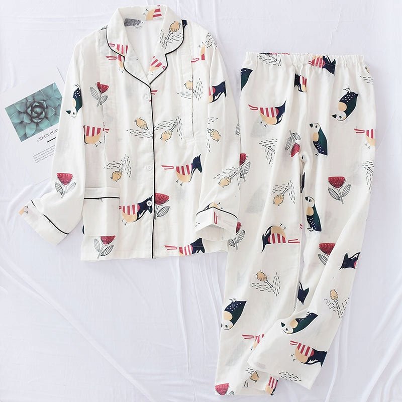 Women's Button-Front Pyjamas — White with a Colourful Print