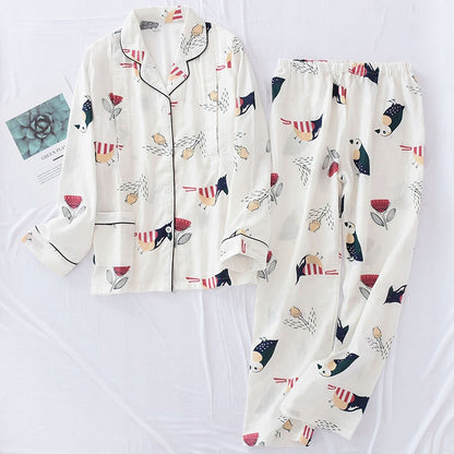 Women's Button-Front Pyjamas — White with a Colourful Print