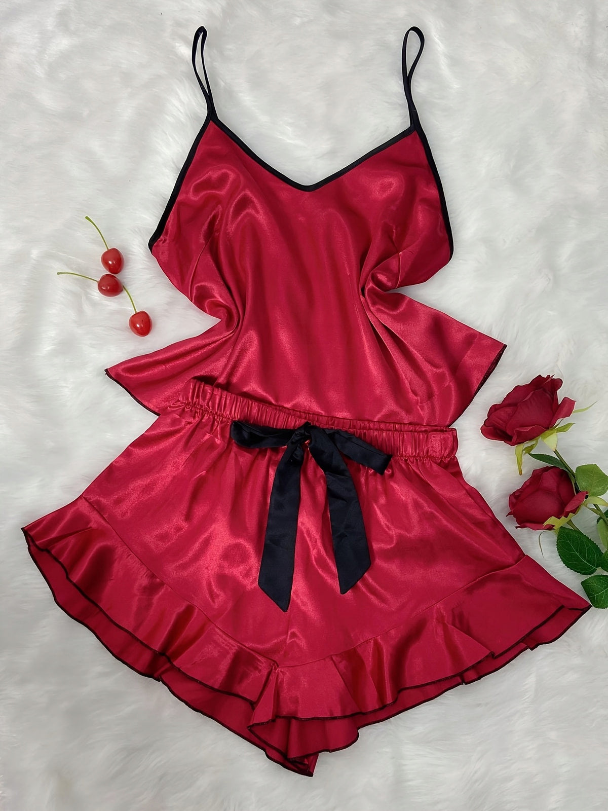 Women's Satin Pyjamas — Burgundy with a Black Bow