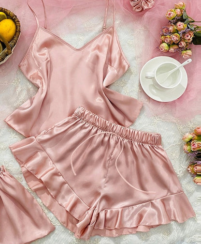 Pijama de damă din satin – set de cinci piese, roz