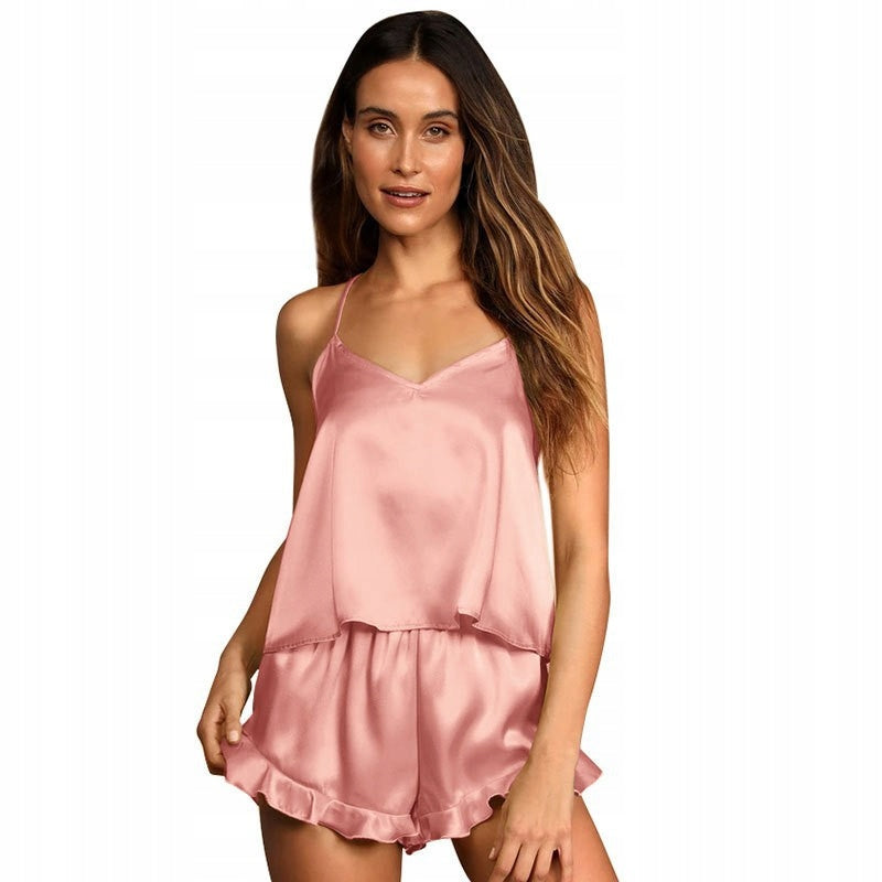 Pijama de satén de mujer – albaricoque, con volante