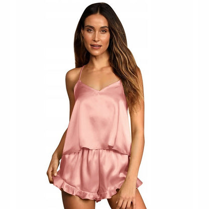 Pijama de satén de mujer – albaricoque, con volante