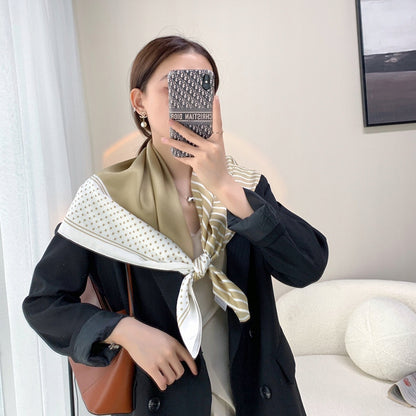 Silk-Effect Square Scarf 90 × 90 cm – Beige & White
