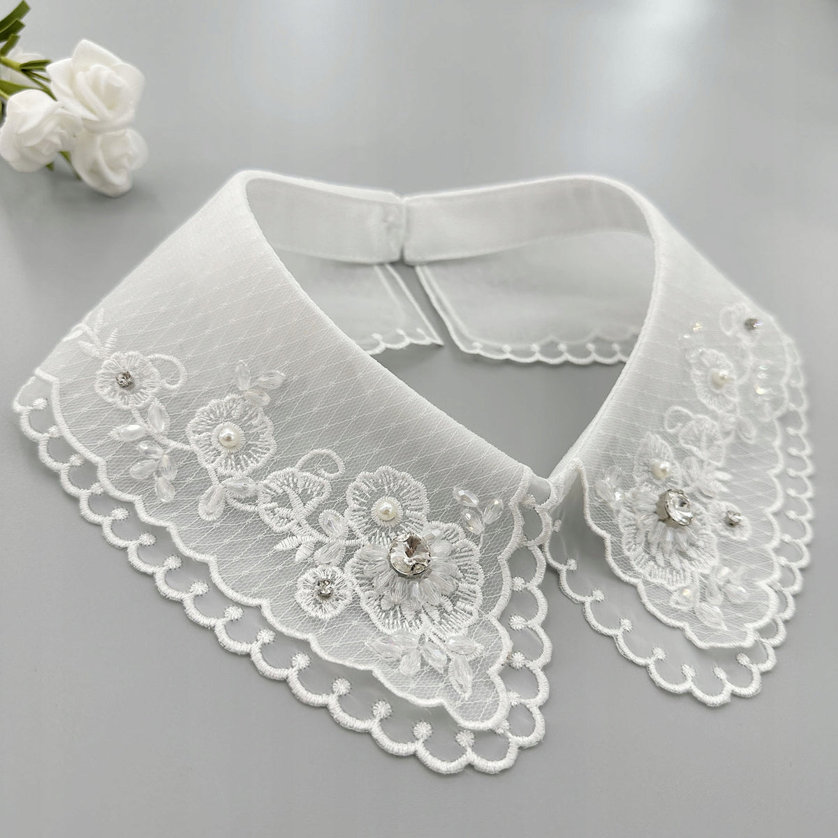 Elegant White Embroidered Tie-on Collar with Cubic Zirconia — Fashion Accessory