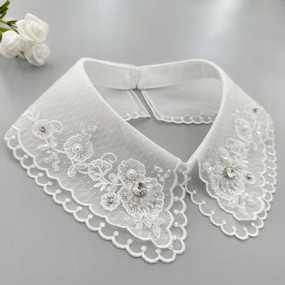 Elegant White Embroidered Tie-on Collar with Cubic Zirconia — Fashion Accessory