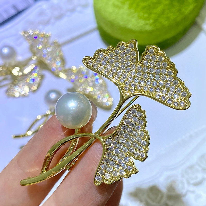 Gold-Tone Double-Leaf Brooch with Zirconia and Pearl