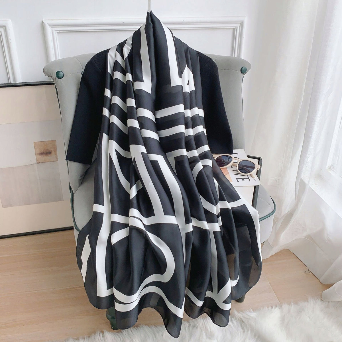 Women's Elegant Large Silky Scarf — Black and White Gift Scarf, 180×90