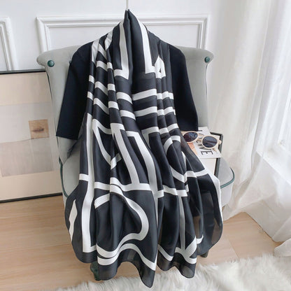 Women's Elegant Large Silky Scarf — Black and White Gift Scarf, 180×90
