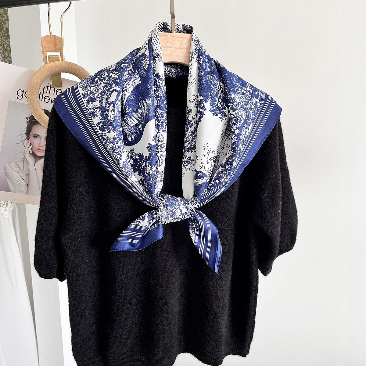 Women's Elegant Large Silky Square Scarf — Navy Gift Scarf, 90×90
