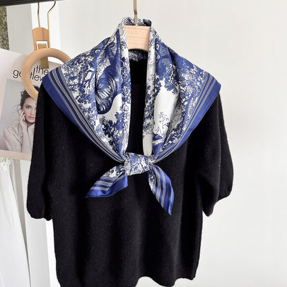 Women's Elegant Large Silky Square Scarf — Navy Gift Scarf, 90×90