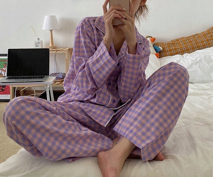 Pijama de mujer con botones – rosa, de cuadros