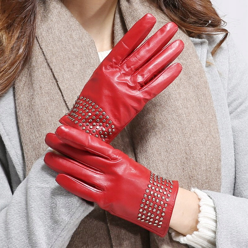 Stylish Red Women's Studded Calfskin Autumn/Winter Gloves