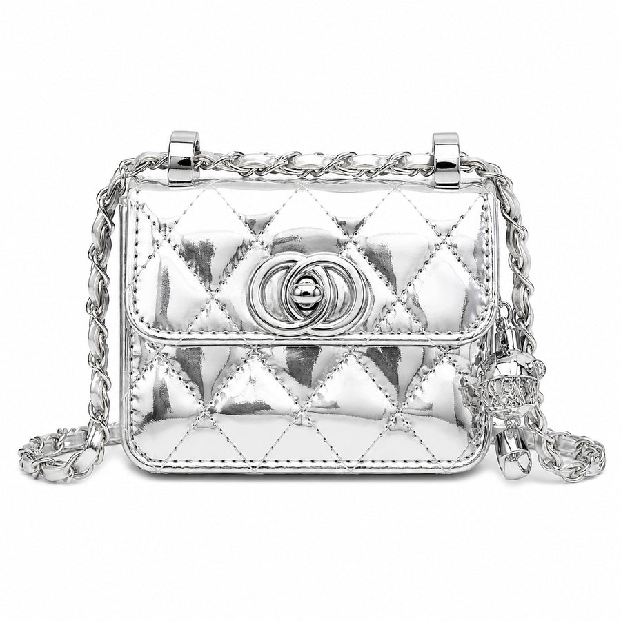 mała srebrna TOREBKA damska pikowana na łańcuszku mini luksusowa 13×11×6 cm