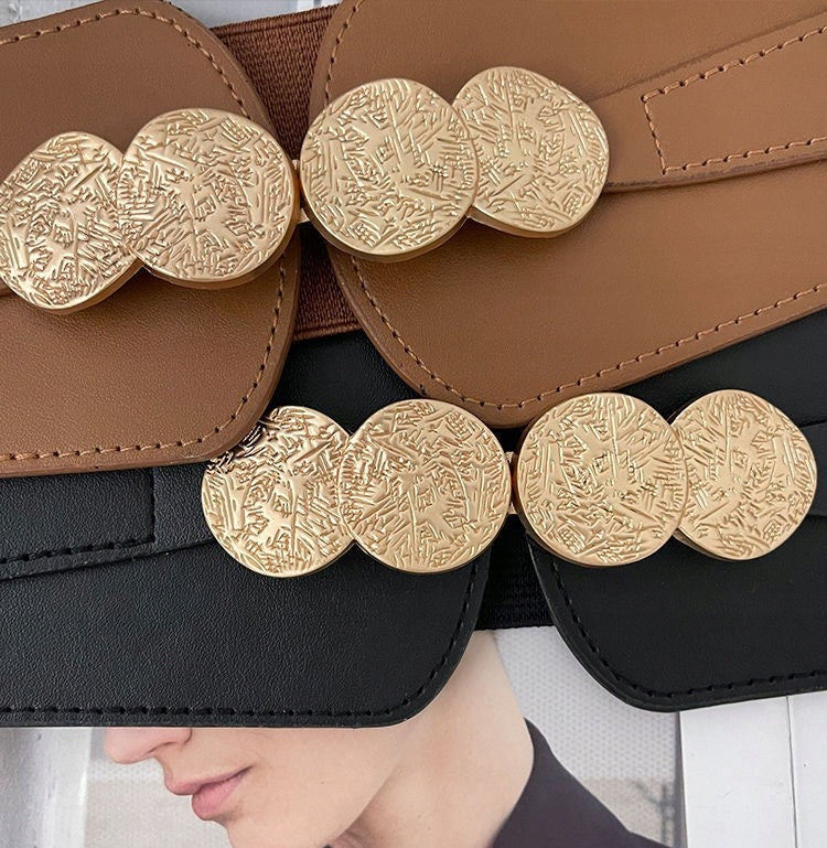 Women's Black Elastic and Faux Leather Belt — Elegant Coat Accessory