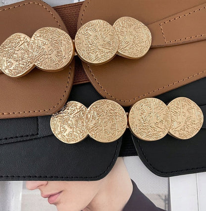 Women's Black Elastic and Faux Leather Belt — Elegant Coat Accessory