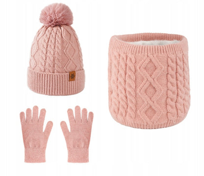 Ensemble : bonnet, tour de cou et gants – rose