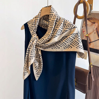 Silk-Effect Square Scarf 90 × 90 cm – Beige & Black