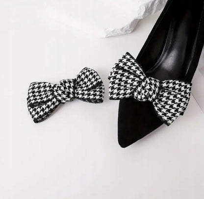 Elegant Black and White Fabric Bow Shoe Clips for High Heels