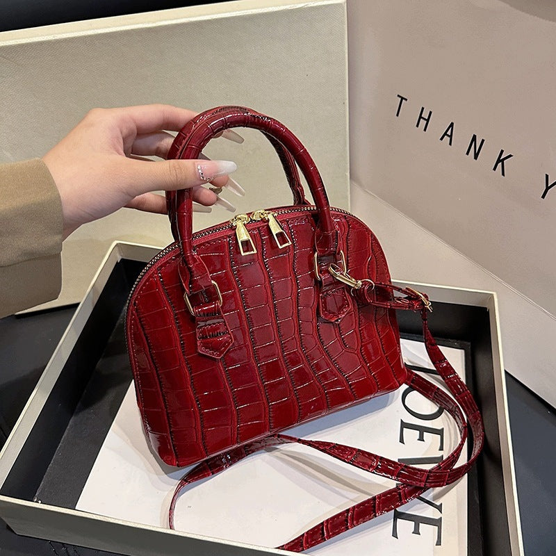 Women's Elegant Burgundy Patent Snakeskin-Effect Structured Shoulder Bag