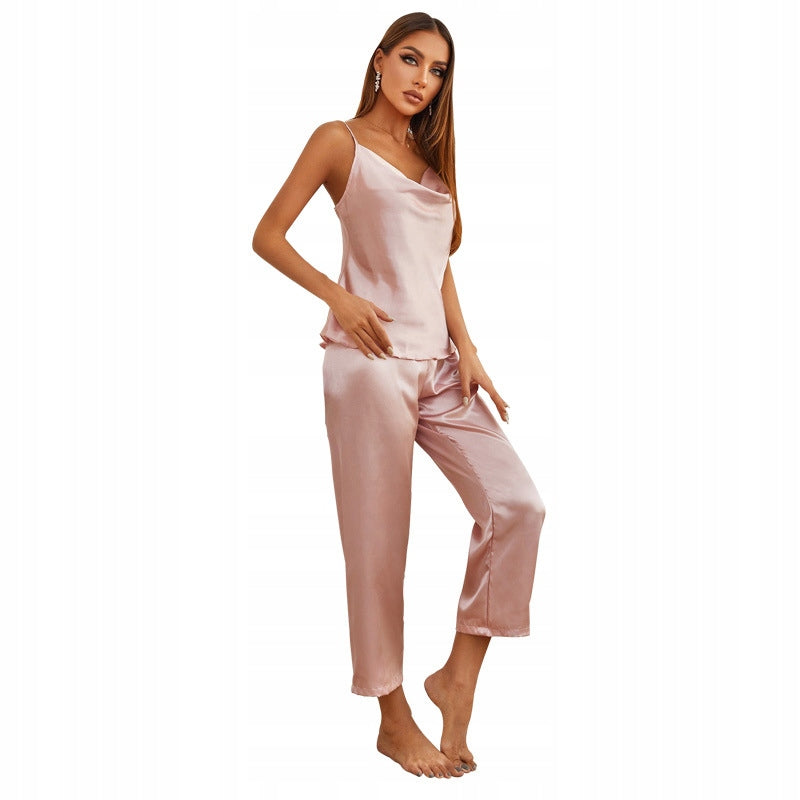 Women's Satin Pyjamas — Top and Full-Length Trousers, Pale Pink