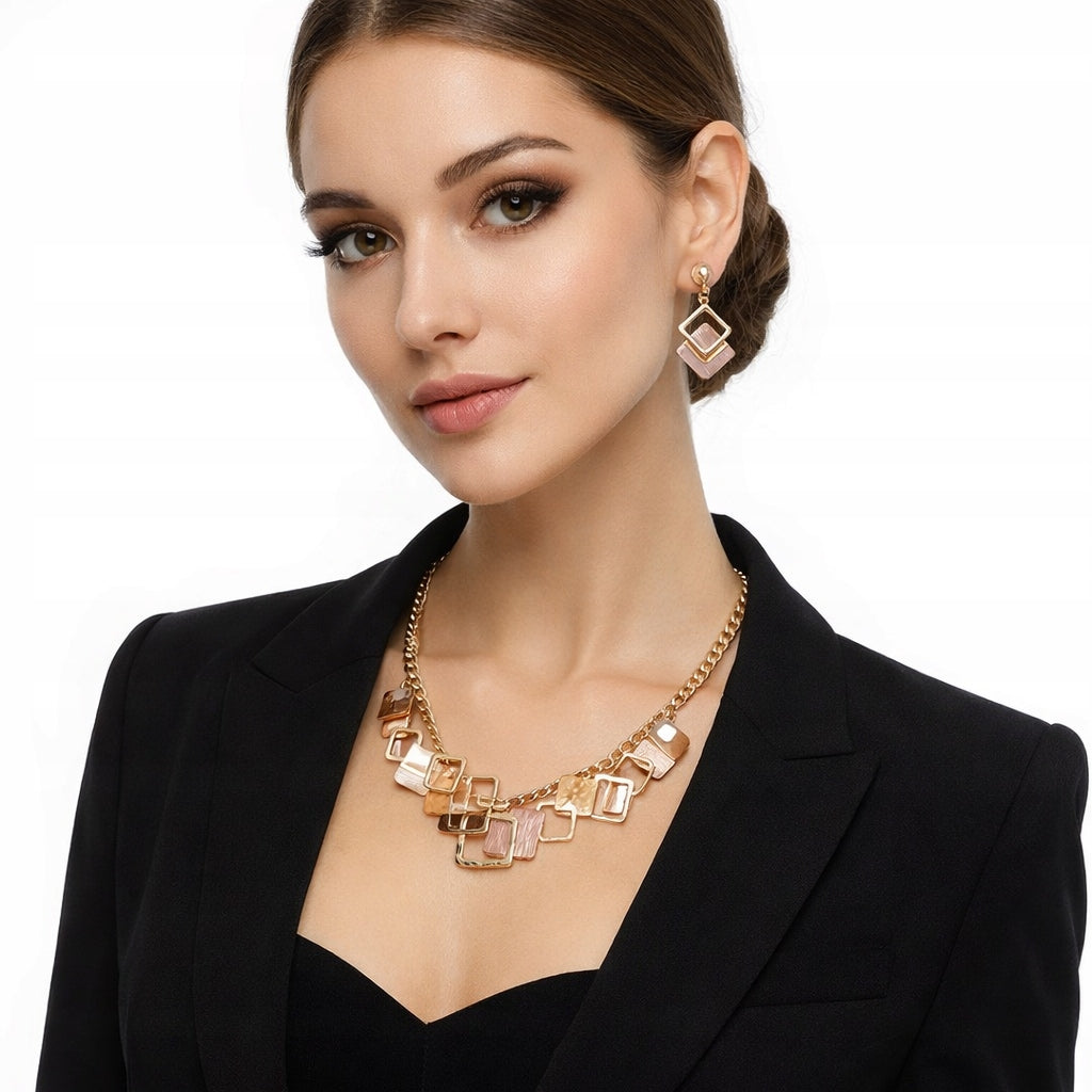 Schmuckset: Halskette und Ohrringe – goldfarben und braun