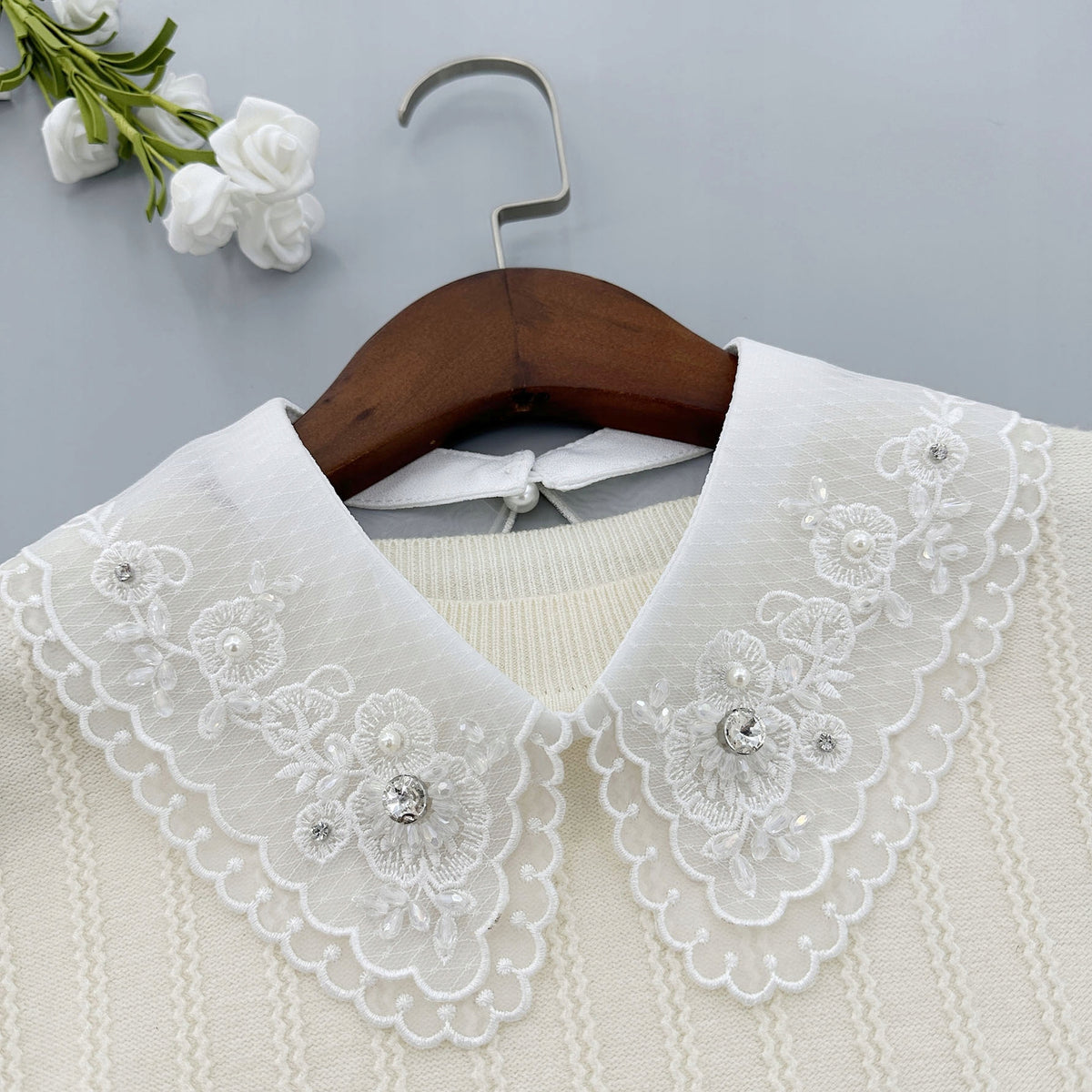 Elegant White Embroidered Tie-on Collar with Cubic Zirconia — Fashion Accessory