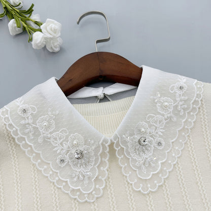 Elegant White Embroidered Tie-on Collar with Cubic Zirconia — Fashion Accessory