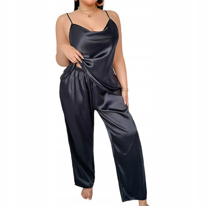 Women's Satin Pyjamas — Top and Full-Length Trousers, Black
