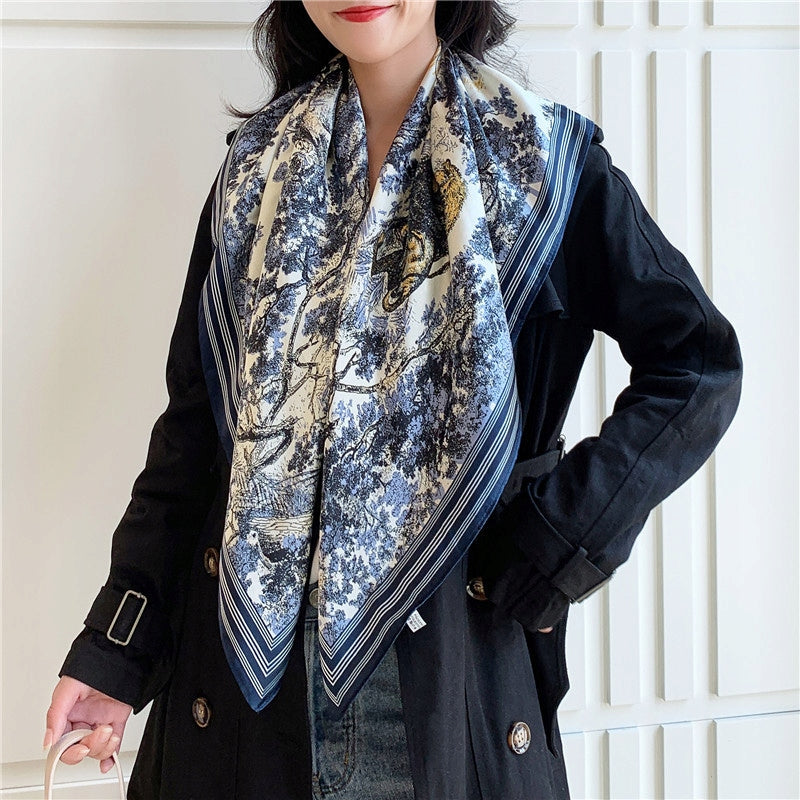Women's Elegant Large Silky Square Scarf — Navy Gift Scarf, 90×90