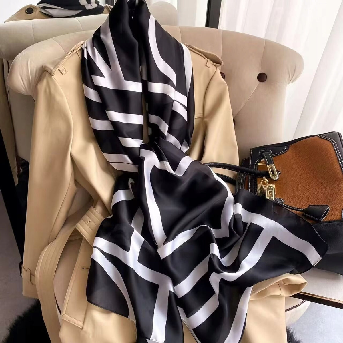 Women's Elegant Large Silky Scarf — Black and White Gift Scarf, 180×90