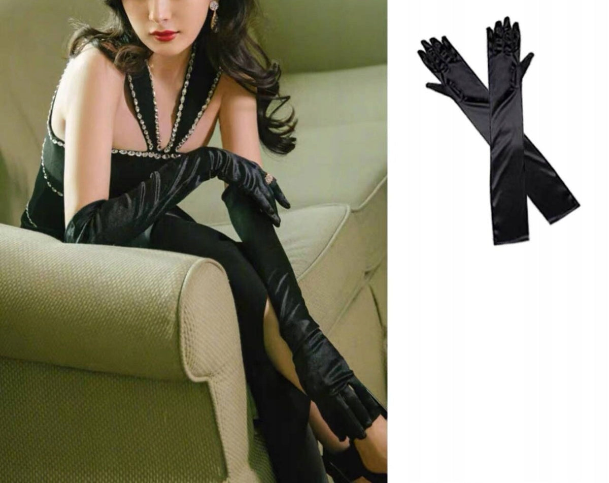 Long Women's Satin Gloves – Black
