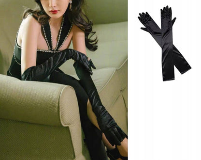 Long Women's Satin Gloves – Black