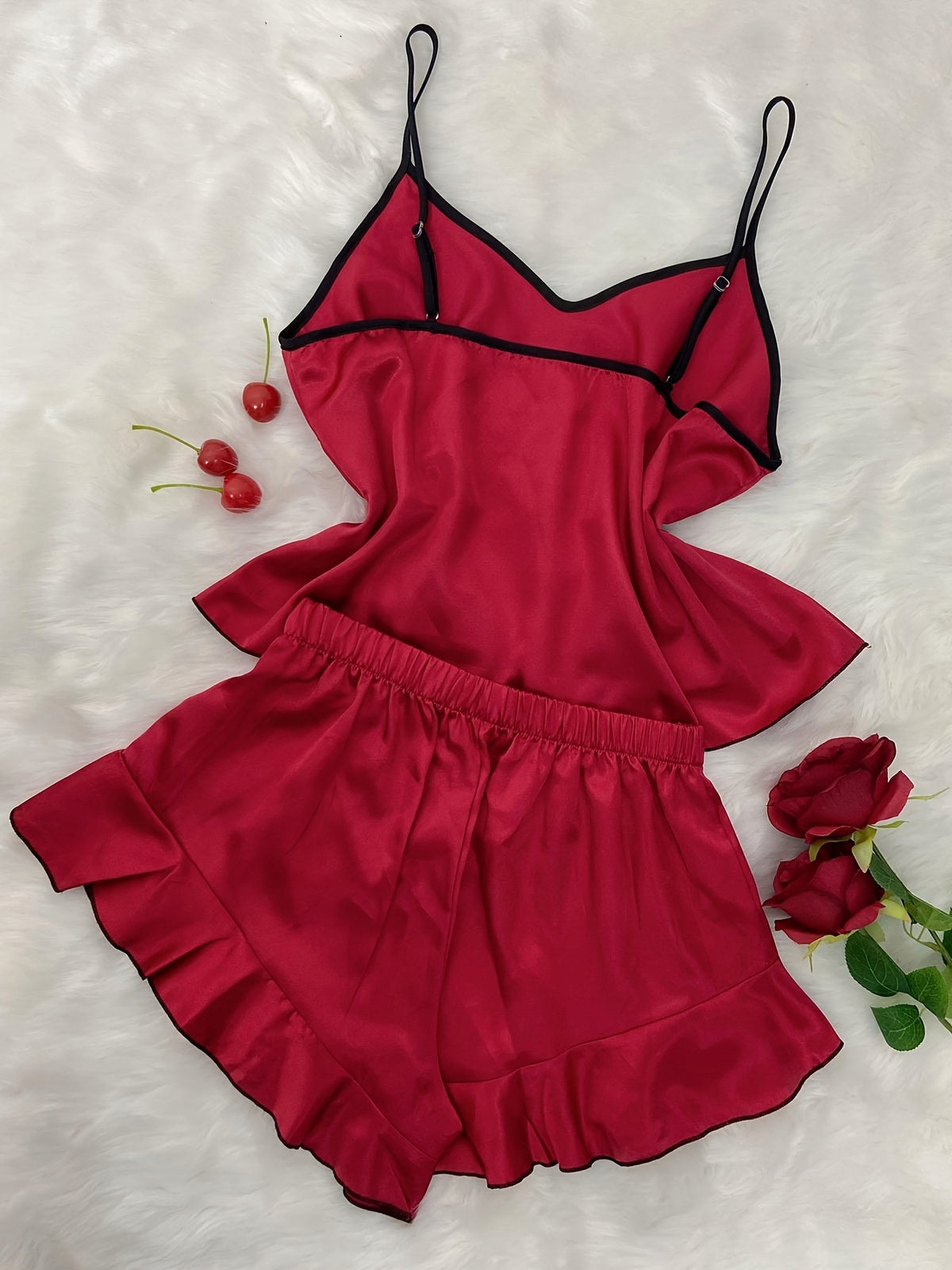 Women's Satin Pyjamas — Burgundy with a Black Bow