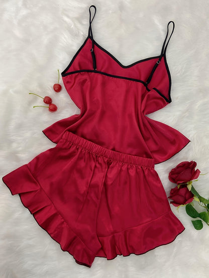 Women's Satin Pyjamas — Burgundy with a Black Bow