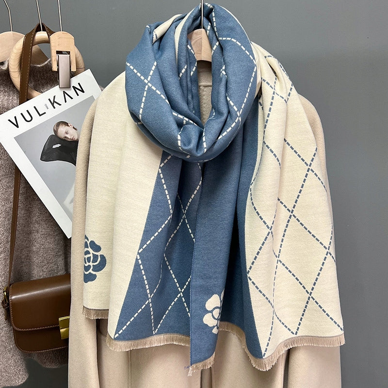 Damen-Winterschal 180 × 66 cm – beige und blau