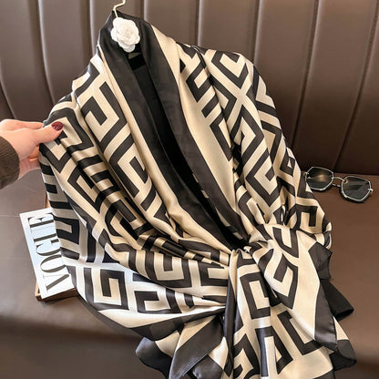 Silk-Effect Scarf 180 × 90 cm – Black & Beige
