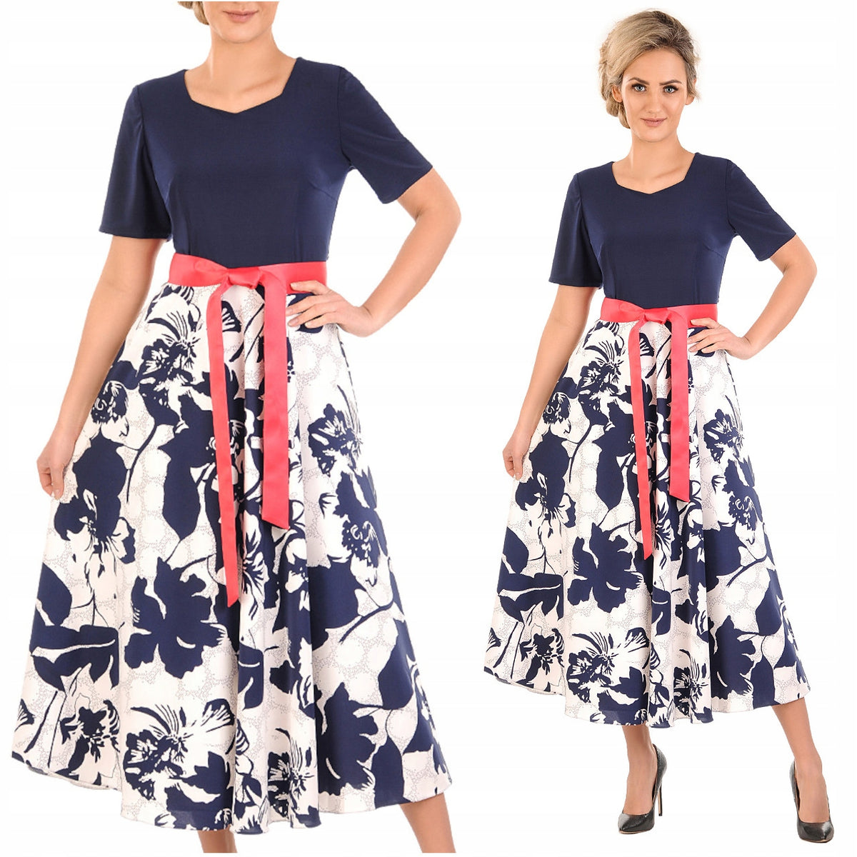 Elegancka sukienka w kwiaty Agata | color:granatowy