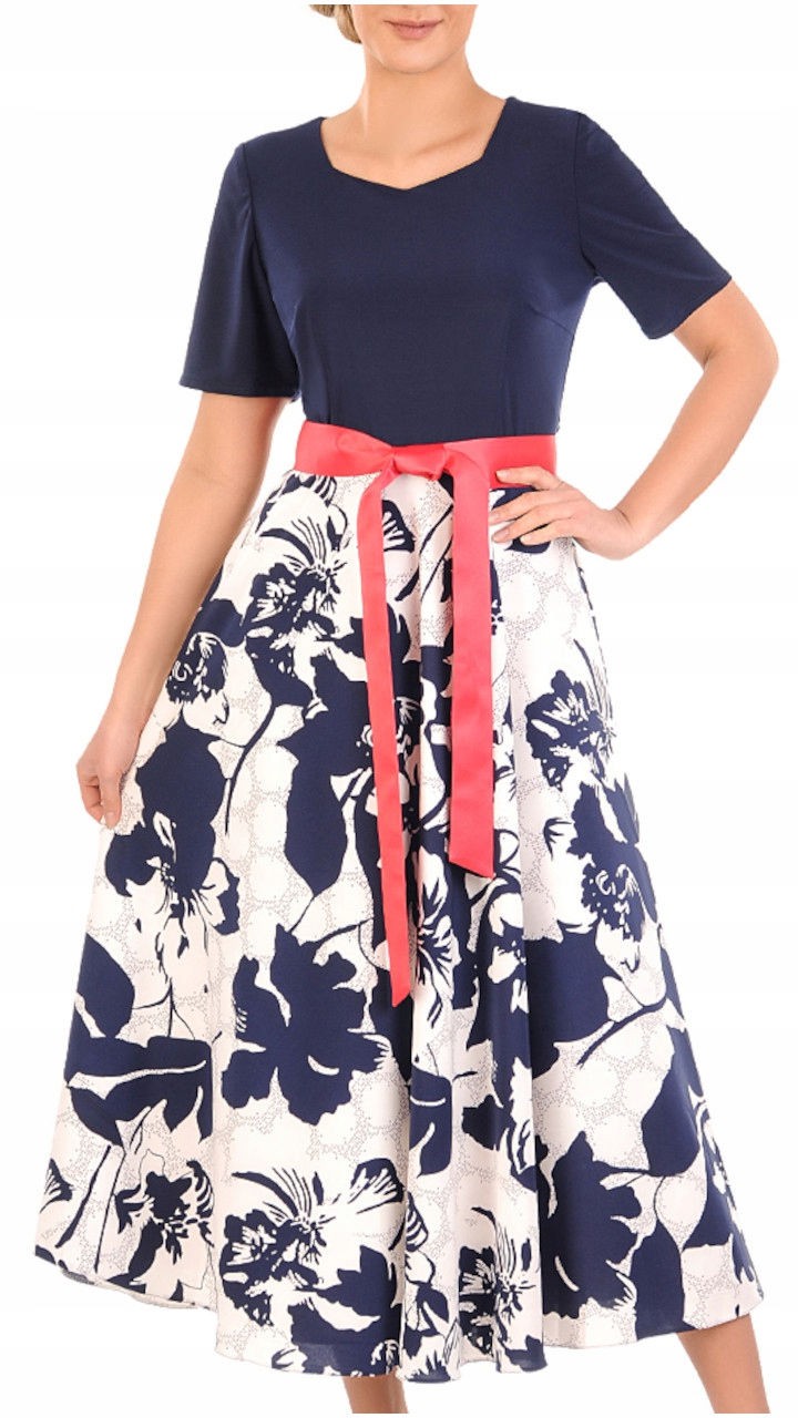 Elegancka sukienka w kwiaty Agata | color:granatowy
