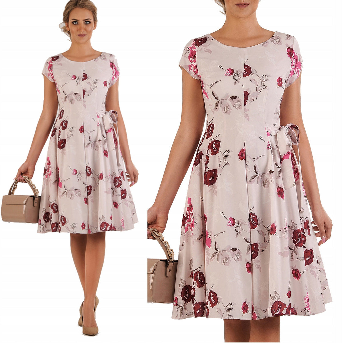 Sukienka Cleo | color:ecru-w-czerwone-kwiaty