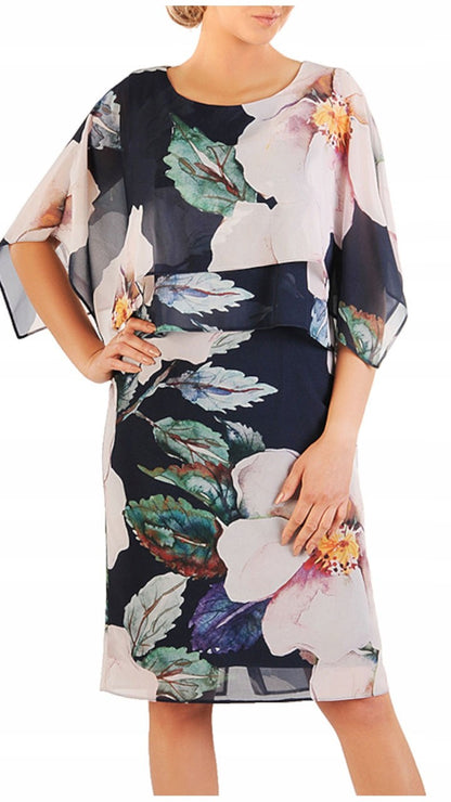 Elegancka sukienka w kwiaty Tina II | color:granatowy