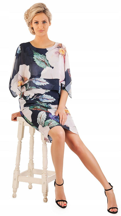 Elegancka sukienka w kwiaty Tina II | color:granatowy
