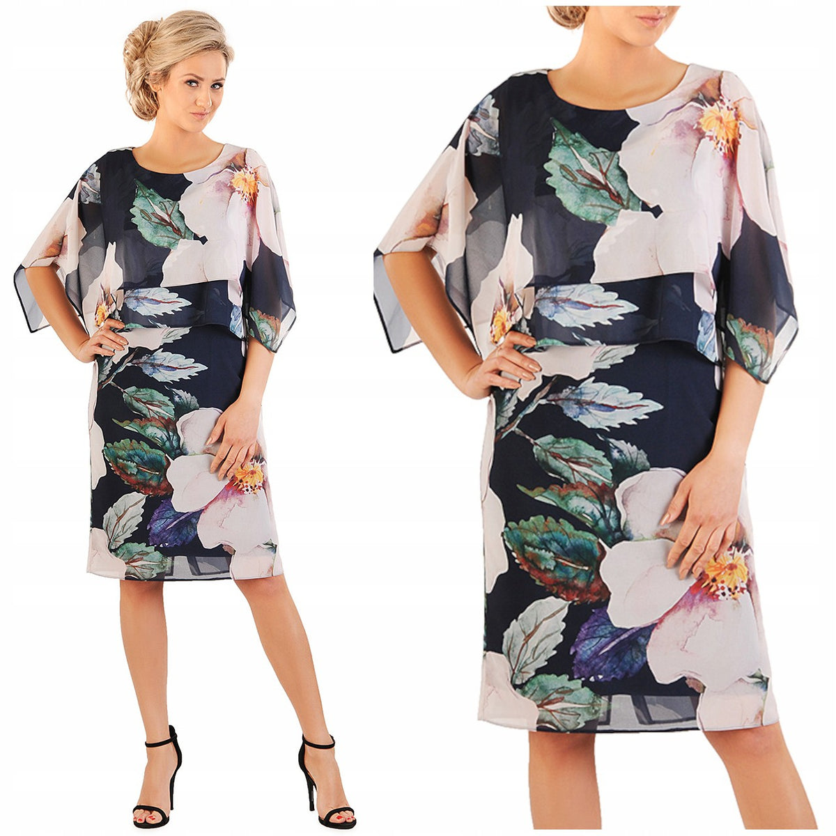 Elegancka sukienka w kwiaty Tina II | color:granatowy