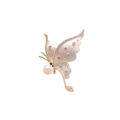 Copy of Distinctive Gold-Tone White Butterfly Brooch with Cubic Zirconia — Clothing Accessory, Leaves and a Pearl