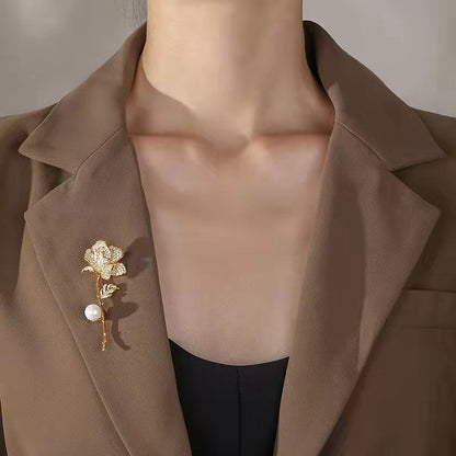 Distinctive Gold-Tone Rose Brooch with a Pearl — Clothing Accessory, Leaves and Cubic Zirconia