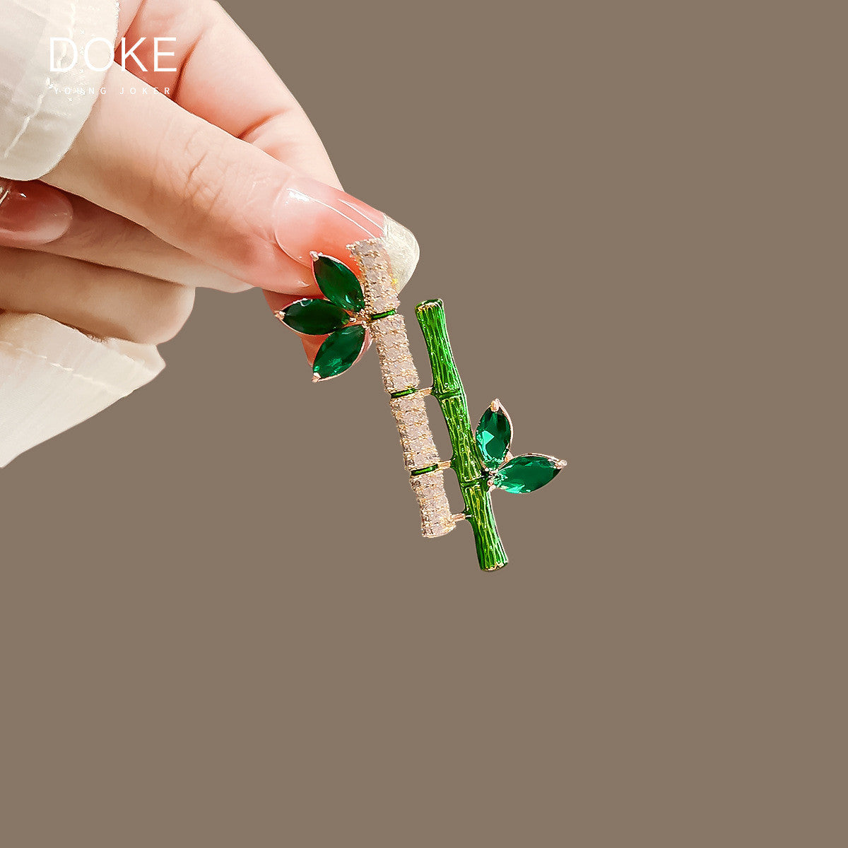 Distinctive Gold-Tone Two-Bamboo-Stem Brooch — Clothing Accessory, Leaves, Cubic Zirconia and a Pearl